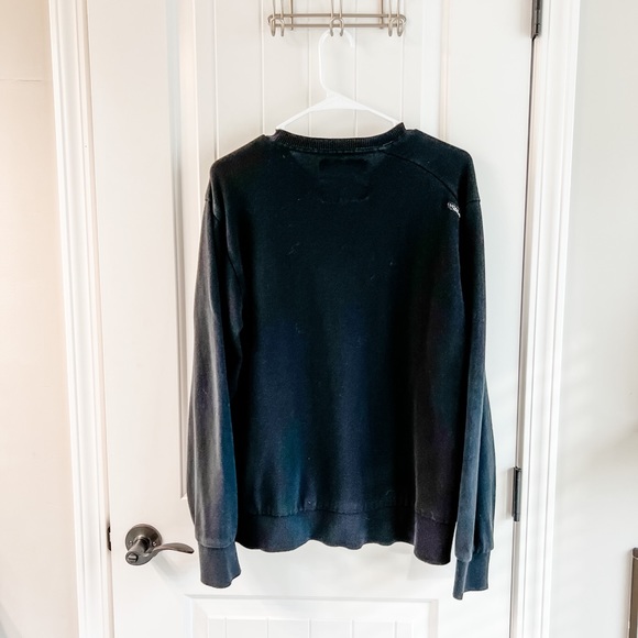 Volcom Black V Neck Asymmetrical Hem Graphic Logo Long Sleeve Sweater XL - Picture 2 of 8